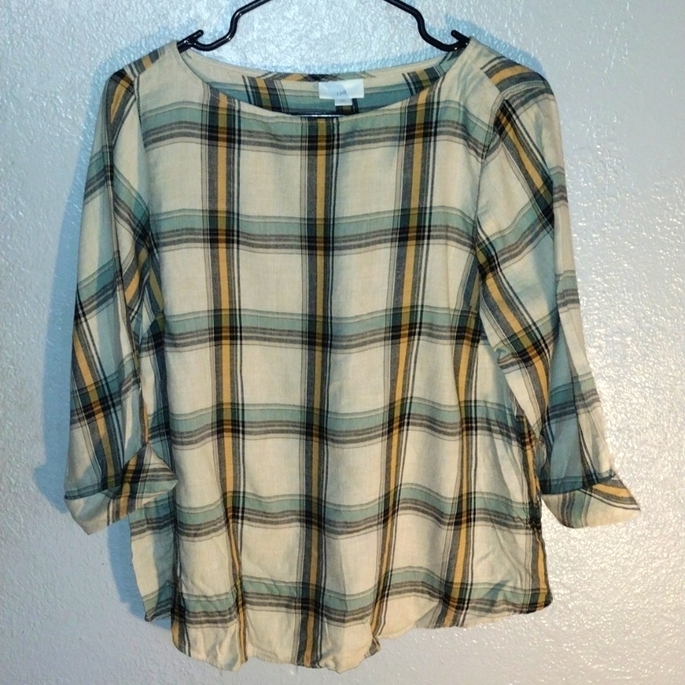 Beige Plaid J Jill Pullover Cotton Blend Top Fall Cozy MP Academia
